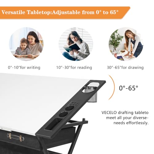 VECELO Drafting Table Art Desk Art Table Adjustable Drawing Table Tilted Tabletop with 2 Storage Drawers and Stool, Drawing Desk for Artist Painters Drawing, Crafting, Reading, Writing, White - color: White