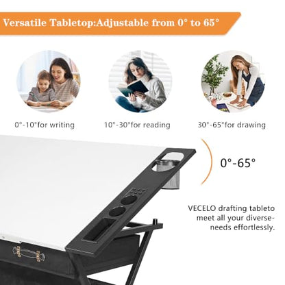 VECELO Drafting Table Art Desk Art Table Adjustable Drawing Table Tilted Tabletop with 2 Storage Drawers and Stool, Drawing Desk for Artist Painters Drawing, Crafting, Reading, Writing, White - color: White