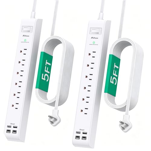2 Pack Power Strip, Extension Cord 5FT, Surge Protector with 6 Outlets and 4 USB Ports (2 USB C), Flat Plug Overload Protection, Extension Cord with Multiple Outlets, Wall Mount for Home Dorm College - size: 5FT, style: Flat Extension Cord & Thin Flat Plu