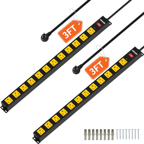12 Outlet Long Power Strip, 3FT Power Cord, 2100 Joules Surge Protector, Wide Spaced Outlet Power Bar, Overload Protection Switch, Industrial Heavy Duty for Work Bench, Shop, Garage - size: 3FT