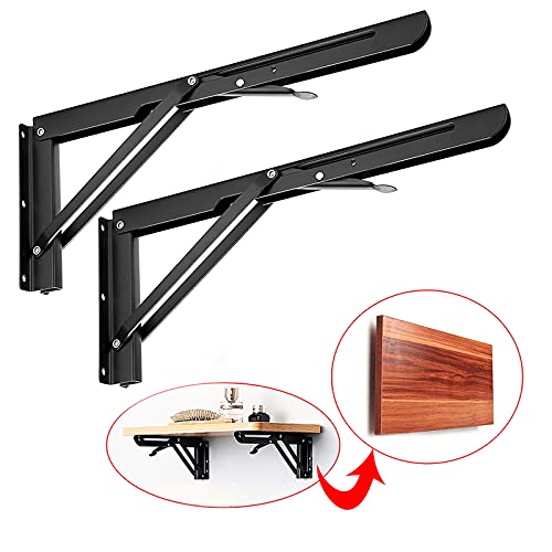 Sumnacon 2 Pcs 14 Inch Folding Shelf Brackets Metal Table Shelf Hinges - color: Black, size: 14 Inch