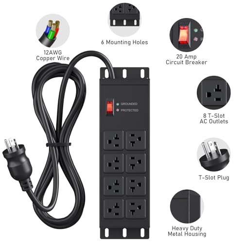 JUNNUJ Heavy Duty Surge Protector, 12 Gauge Extension Cord, Black, 4 FT | Metal Wall Mount 8 Outlets Power Strip, High Amp Outlet Extender for Garage Industrial Shop, 4800J - color: Black, size: 4 ft