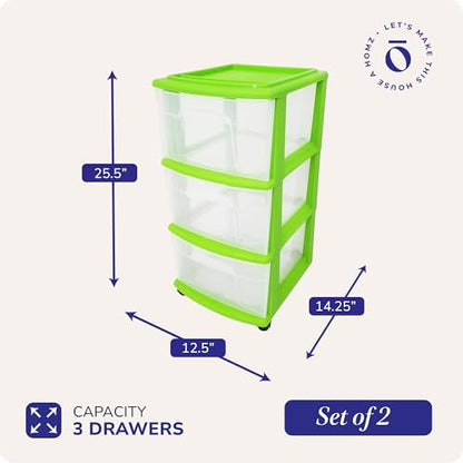 HOMZ Drawer Tower, 3-Tier Storage Cart with Removable Wheels, Lime, 2 Pack - color: Bold Lime, size: 2 Pack