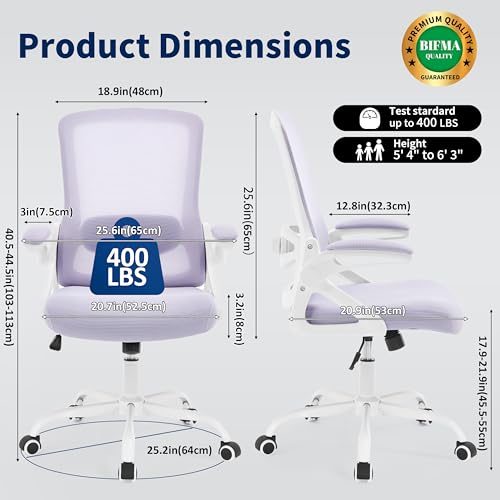 Ergonomic Office Chair, Desk Chair with Adjustable Lumbar Support, Breathable Mesh Comfy Computer Chairs with Flip-up Armrests Executive Task Chair for Adults Home Office(Lavender) - color: Lavender