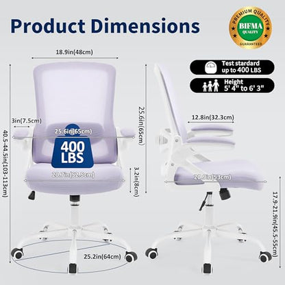 Ergonomic Office Chair, Desk Chair with Adjustable Lumbar Support, Breathable Mesh Comfy Computer Chairs with Flip-up Armrests Executive Task Chair for Adults Home Office(Lavender) - color: Lavender