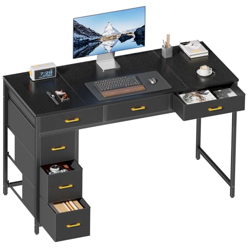 HLDIRECT 47" Computer Desk with 6 Drawers & Large Storage Space | FSC-Certified Wood, 19.7"D x 29"H, Steel Frame, Triangular Supports, Writing Workstation for Home Office, Gaming, Black - color: Black