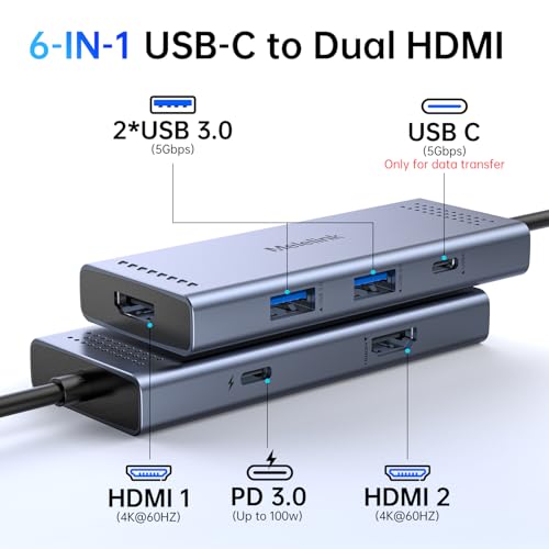 Docking Station to Dual HDMI Monitor, USB C to Dual HDMI Adapter, USB-C HUB with 2xHDMI Ports 4K 60Hz, 100W PD Charging, USB-A&C 3.0, Laptop Docking Station Compatible with Dell, HP, Lenovo, and More - color: Gray 6 Port USB C Docking Station