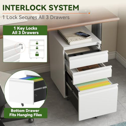 SAWJEC 3 Drawer Mobile File Cabinet Fully Assembled, White | 15"W x 17"D x 24"H, Fit Letter/Legal/A4, Vertical, Locking, Steel, Under Desk Storage, Filing Cabinet, Home Office - color: White, size: 24"H x 15"W x 17"D