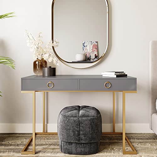 BELLEZE Modern 45 Inch Makeup Vanity Dressing Table or Home Office Computer Laptop Writing Desk with Two Storage Drawers, Wood Top, and Gold Metal Frame - Chelsea (Gray) - color: Grey, size: 45" L Shape
