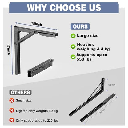 WALMANN Heavy Duty 18" Folding Shelf Brackets, Wall-Mounted Collapsible Brackets for Workbench/Table, 550 lbs Capacity, Space-Saving Hinges for Garage, Kitchen, Laundry(No Board) - size: 18 Inch