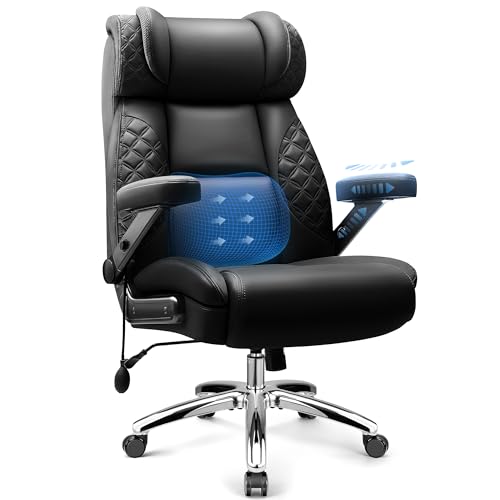 Big and Tall Office Chair, Desk Computer Chair for Heavy People, Oversized Executive Gaming Chair, Extra Wide 500LBS Ergonomic Comfy Office Chair with Adjustable Lumbar Support & 5D Flip Arms - color: Matte Black
