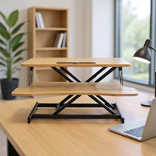 32 Inch Desk Converter Standing Computer Desk, Height Adjustable Sit to Stand Riser, Dual Monitor and Laptop Workstation with Wide Keyboard Tray (Natural) - color: Natural