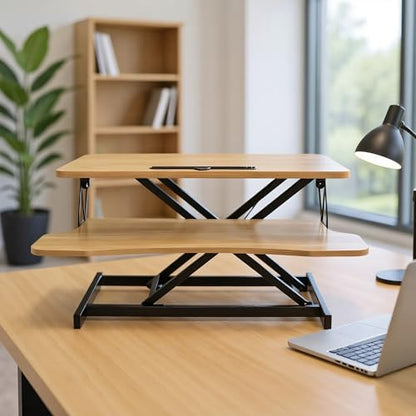 32 Inch Desk Converter Standing Computer Desk, Height Adjustable Sit to Stand Riser, Dual Monitor and Laptop Workstation with Wide Keyboard Tray (Natural) - color: Natural