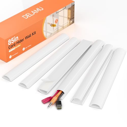 Delamu 85in Adhesive Cord Hider Wall, Mounted TV Cord Cover Kit, Multiple Cable Raceways for Wall Corner, Wire Cover Hiders for 2-3 Cables, 1.57" W X 0.59" H, White - color: White, size: 85in L X 1.57in W X 0.59in H