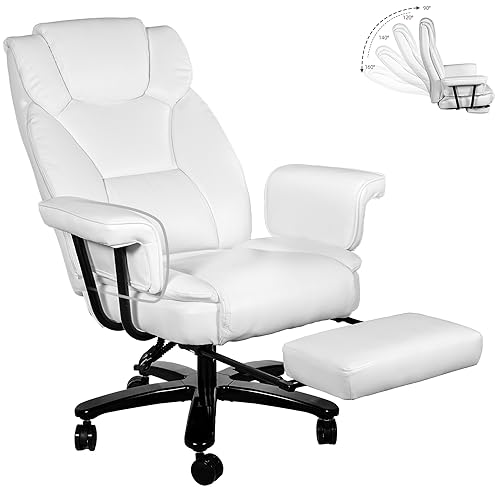 Reclining Office Chair with Footrest, Big and Tall Home Office Desk Chairs 400lbs with High Back, Criss Cross Wide Seat, Heavy Duty Base, Pu Leather, White - color: White