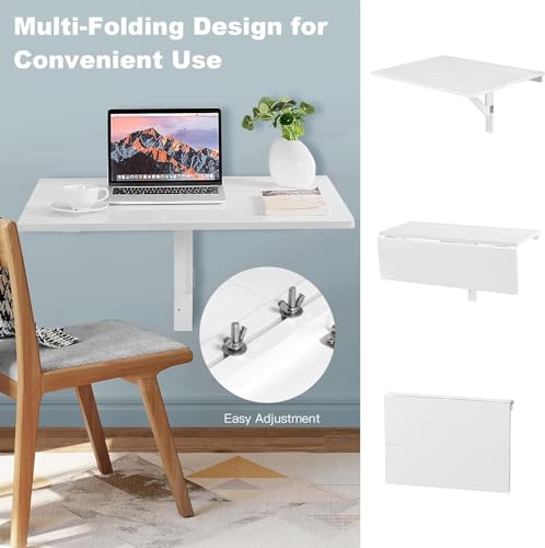 Wall Mounted Folding Table, 31.5’’ x 23.5’’ Wood Floating Desk for Laptop, Study & Dining in Balcony, Bedroom, Bathroom, Kitchen, Drop-Leaf Wall Desk Fold Down for Small Spaces (White)