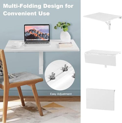 Wall Mounted Folding Table, 31.5’’ x 23.5’’ Wood Floating Desk for Laptop, Study & Dining in Balcony, Bedroom, Bathroom, Kitchen, Drop-Leaf Wall Desk Fold Down for Small Spaces (White)