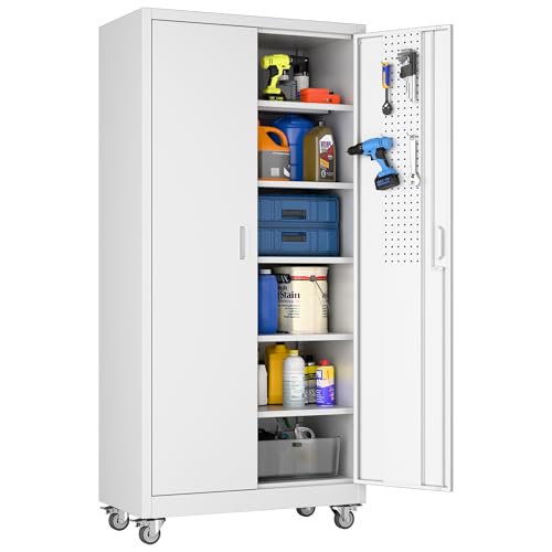 Aobabo Upgrade 71H''*34''W*18''D Metal Garage Storage Cabinet with Wheels and Pegboards, 5 Adjustable Shelves Steel Storage Cabinets for Home,Warehouse,Garage,Assembly Required,White - color: White, size: 18"D x 34"W x 71"H-0 Drawers