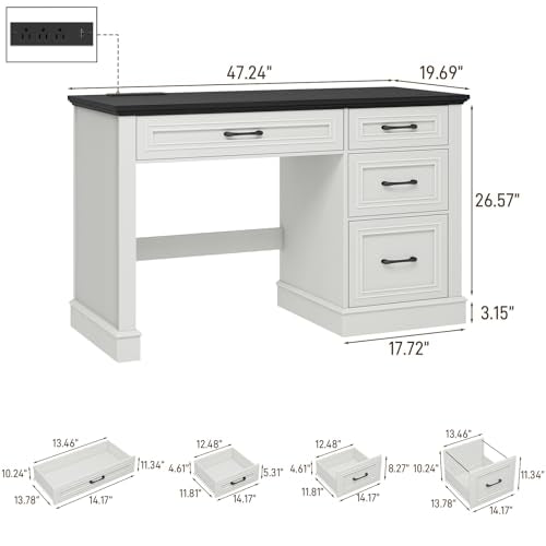 Vabches Farmhouse 47" Executive Desk with Charging Station, Black. | Computer Desk with Drawers, Workstation Computer Desk with File Drawer for Home Office,Study. - color: Black