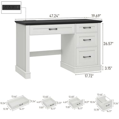 Vabches Farmhouse 47" Executive Desk with Charging Station, Black. | Computer Desk with Drawers, Workstation Computer Desk with File Drawer for Home Office,Study. - color: Black