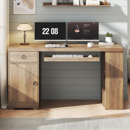 HSH 55" Computer Desk,Farmhouse Home Office Desk Keyboard Tray Rustic Oak | Executive Wood Work Study Writing Pc Table Studio Desks with Storage Drawers Wooden Workstation with Shelves and Cabinet - color: Rustic Oak