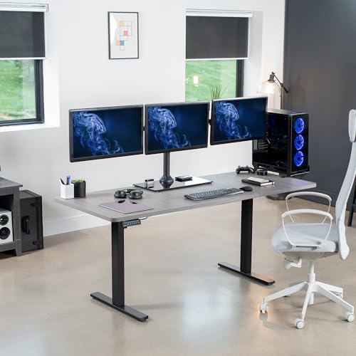 VIVO Black Triple Monitor Mount Freestanding Desk Stand with Glass Base, Heavy Duty Fully Adjustable Stand for 3 Screens up to 24 inches STAND-V003FG - size: 13" to 24" Screens