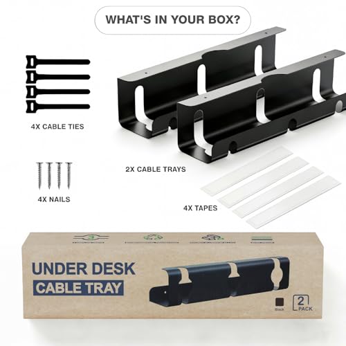 Qiyuan Under Desk Cable Management Tray, 2-Pack No-Drill 16" Cord Organizer | for Standing Desk or Table, Power Strip Holder, Cable Hider, Holds 15lbs, Clamp & Adhesive Mount, Indoor Outdoor, Aluminum