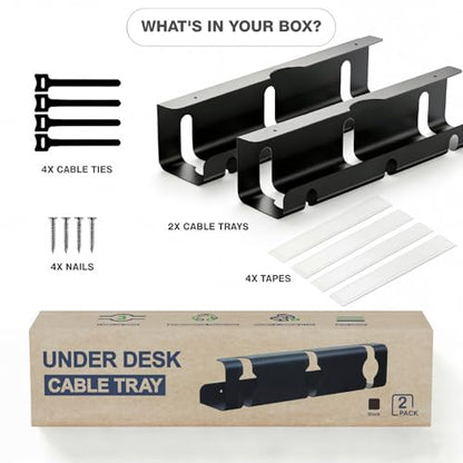 Qiyuan Under Desk Cable Management Tray, 2-Pack No-Drill 16" Cord Organizer | for Standing Desk or Table, Power Strip Holder, Cable Hider, Holds 15lbs, Clamp & Adhesive Mount, Indoor Outdoor, Aluminum