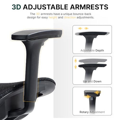 Ergonomic Mesh Office Chair, 3D Adjustable Armrests Desk Chair with 360° Swivel Silent Casters, 90°-120° Reclining Backrest Adjustable Gaming Chair for Home Office - color: Black, style: Americana