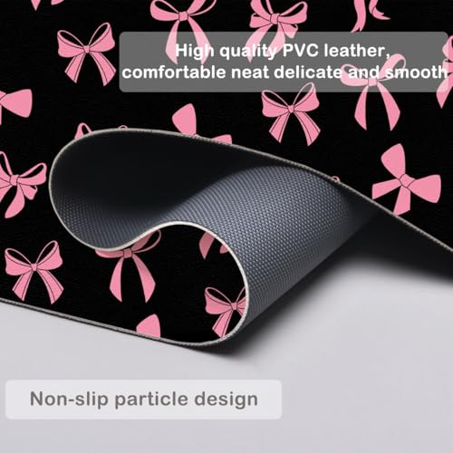 Cute Kawaii Pink Bow Black Extended Gaming Keyboard Mouse Pad | Non-slip Leather Home Office Desk Mat Protector - color: Pink Bow/Black, size: L(31.5×15.7 inch)