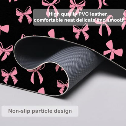 Cute Kawaii Pink Bow Black Extended Gaming Keyboard Mouse Pad | Non-slip Leather Home Office Desk Mat Protector - color: Pink Bow/Black, size: L(31.5×15.7 inch)