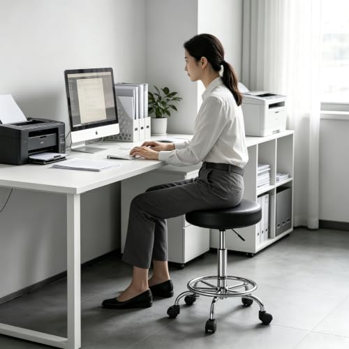 Rolling Stool Adjustable Height 360° Swivel PU Seat with Wheels - color: Black Backless