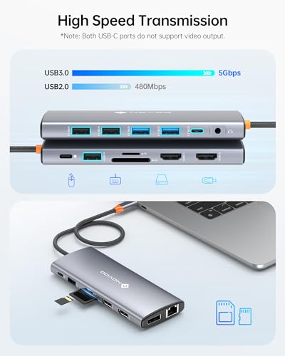 NOVOO USB C 14 in 1 Docking Station Dual Monitor with 4K60 HDMI & 8K30 DP | USB C Hub Adapter, Laptop Docking Station with Thunderbolt 3 to Dual 4K60 HDMI+8K30 DP USB C/A Data 100W PD RJ45 SD/TF - style: 14-in-1