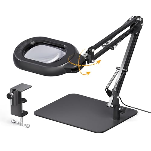 Square Magnifying Desk Lamp, Magnifying Glass with Light and Stand | 10X Dimmable LED Hands-Free Mag Magnifier Lamp with Clamp and Base, Swing Arm Light for Close Work, Reading, Crafting, Black