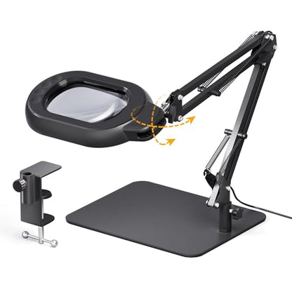 Square Magnifying Desk Lamp, Magnifying Glass with Light and Stand | 10X Dimmable LED Hands-Free Mag Magnifier Lamp with Clamp and Base, Swing Arm Light for Close Work, Reading, Crafting, Black