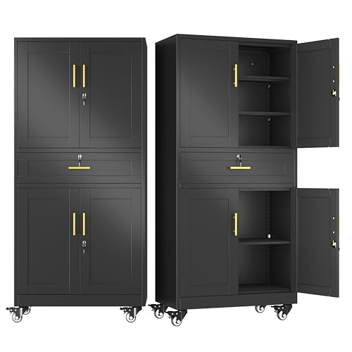 winiowa 71" Tall Metal Garage Storage Cabinet with Wheels and Locking Doors, Locking Rolling Tool Cabinet with Drawer and 3 Adjustable Shelves for Garage,Home,Office (Black) - color: Black-drawer