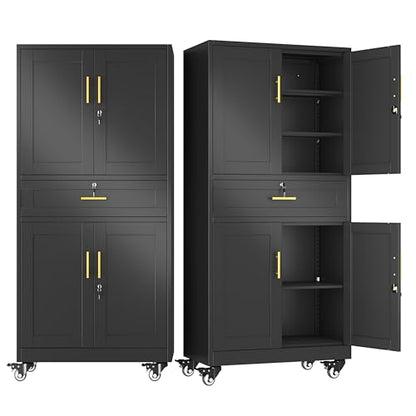 winiowa 71" Tall Metal Garage Storage Cabinet with Wheels and Locking Doors, Locking Rolling Tool Cabinet with Drawer and 3 Adjustable Shelves for Garage,Home,Office (Black) - color: Black-drawer