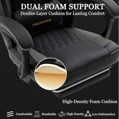 Ergonomic Gaming Chair with Footrest and Lumbar Support, High Back Reclining PU Leather Computer Chair with Headrest and Linkage Armrests, Swivel Height Adjustable Office Gamer Chair for Adults (Gray)