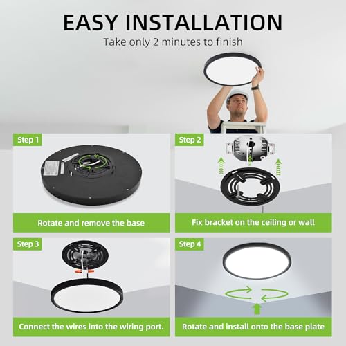 hykolity 12 Inch Selectable CCT LED Round Flat Panel Light,2 Pack | 24W 3000K/4000K/5000K, Edge-Lit Flush Mount Ceiling Light Fixture for Kitchen, Bedroom, Laundry and Closet Room,Black - color: Black, size: 12 inch
