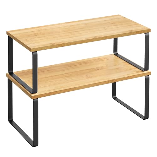 SONGMICS Cabinet Organizer Shelf, Set of 2 Spice Rack, Kitchen Storage | Kitchen Counter Storage Spice Rack, Bamboo, Steel, Light Bamboo and Matte Black, BYSTRO Collection UKCS200B01 - color: Ink Black + Natural Beige, size: 15.6"w
