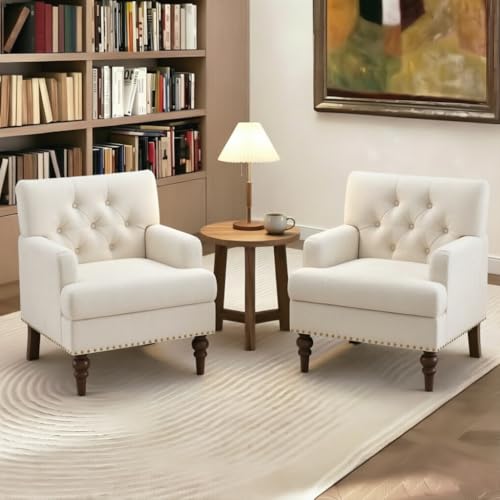 MALOL Modern Accent Chairs Set of 2 for Living Room, Comfy Bedroom Reading Armchair, Upholstered Single Sofa Chair with Thick Cushion &Wood Legs for Small Spaces, Beige - color: Beige, size: Set of 2