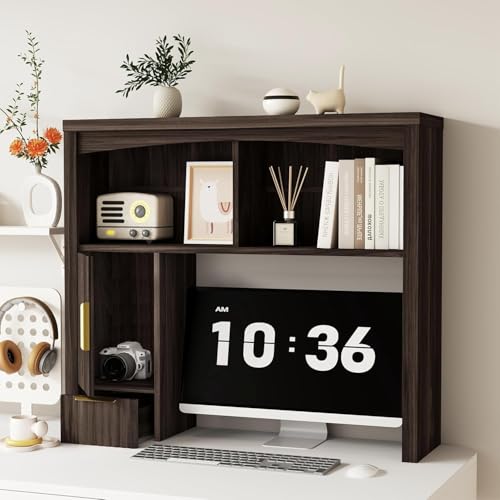 Desk Hutch Shelf Desktop Shelf, Wooden Desk Hutch with Storage | Desktop Bookshelf with Cabinet & Drawer Desk Organizer, Space-Saving Organization, Over Desk Shelf for Home, Dorm, Walnut - color: Walnut, size: 37"