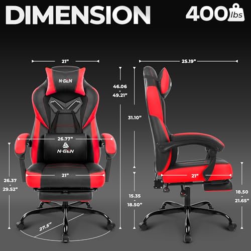 N-GEN GAMING Gaming Chair Big and Tall Computer Heavy Duty Office Desk Chair with Footrest Ergonomic Lumbar Support High Back Recliner for Adults (Red) - color: Red