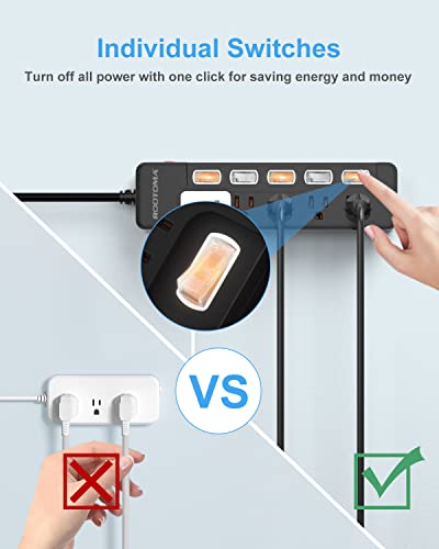 Black Appliance Extension Cord with Individual Switches on Off - 6 FT, 14 Gauge Heavy Duty Extension Cord with 5 AC Outlets, Wall Mountable, High Wattage for Microwave Workbench Garage Must Have, ETL - size: 6 FT - 5 AC - Black