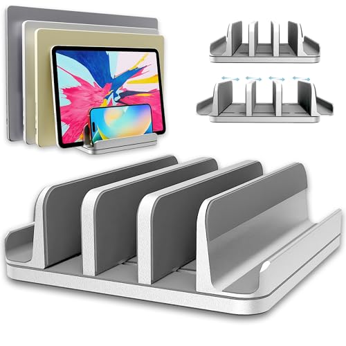 Adjustable Laptop Stand, 5 Slots, Aluminum Space-Saving, for Apple MacBook/Surface/Galaxy/Tablet/iPad/iPhone, Silver - color: Silver