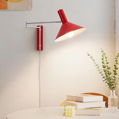Red Industrial Plug in Wall Sconce - Swing Arm Wall Lamp with On/Off Switch, Adjustable Angle, E27 Socket, Metal Wall Light for Bedside Reading, Desk, Office, Hallway Lighting