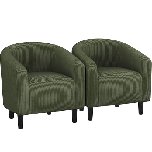 Yaheetech Compact Corduroy Accent Chairs Set of 2 for Bedroom, Dark Green | Compact Cozy Barrel Chairs with a Curved Silhouette, Upholstered Furry Armchair for Small Spaces, Living Room Bedroom Corner - color: Dark Green (Corduroy), style: without Ottoman