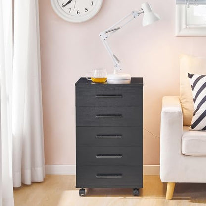 HOOBRO 5-Drawer File Cabinet, Office Cabinet with Drawers, Wooden Storage Cabinet with Wheels for Makeup, Home Office, Study, Easy Assembly, Black BK05WJ01 - color: Black