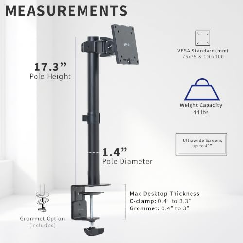 VIVO Clamp-on Single Ultra Wide Monitor Desk Mount, Low Profile Heavy Duty Adjustable Stand for 1 Ultrawide Screen up to 49 inches, 44 lbs Capacity, Black, STAND-V100C - size: up to 49" screens, style: Standard