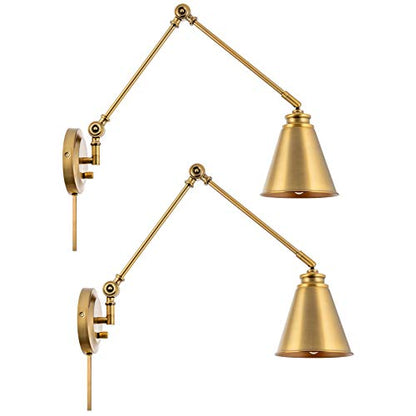 Kira Home Ellis 18" Modern Swing Arm Wall Sconce for Bedroom, 2-Pack | Cone Metal Shades, 2-in-1 Plug In or Hardwired Vintage Library Style Gold Wall Lamp, Warm Brass Finish